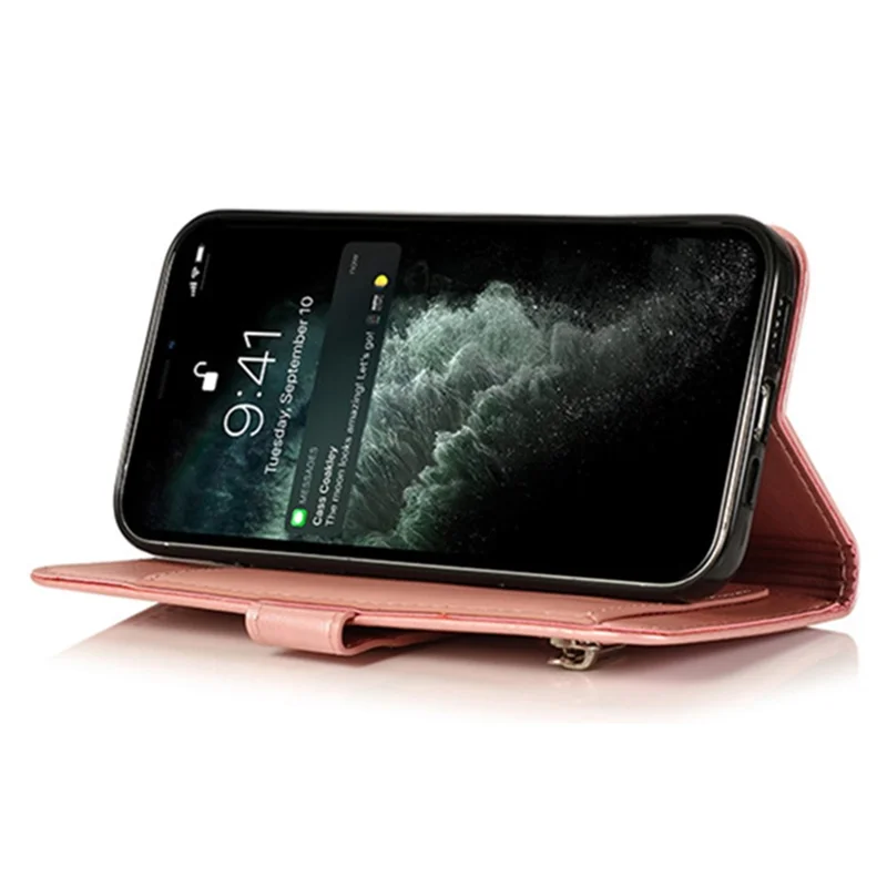 For iPhone 15 Pro Zipper Pocket Phone Case 5 Card Slots Calf Texture PU Leather Stand Cover - Pink