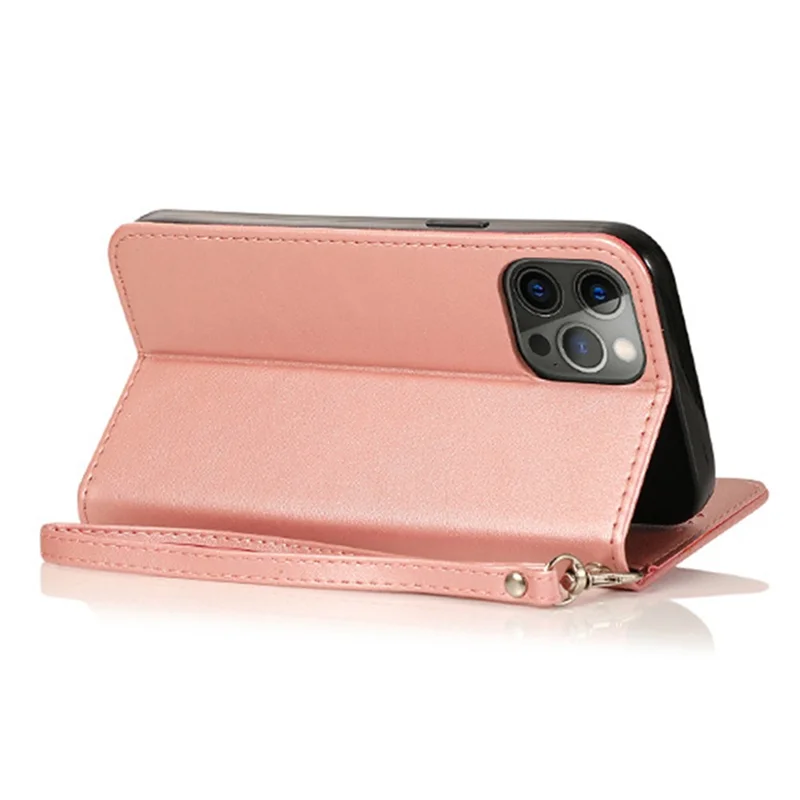 For iPhone 15 Pro Zipper Pocket Phone Case 5 Card Slots Calf Texture PU Leather Stand Cover - Pink