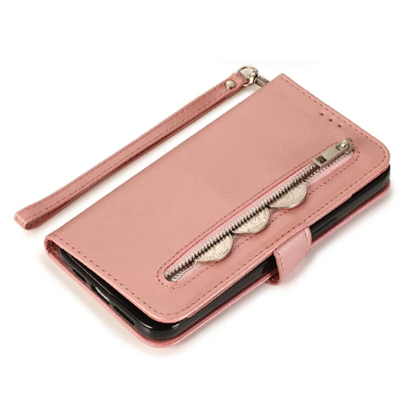 For iPhone 15 Pro Zipper Pocket Phone Case 5 Card Slots Calf Texture PU Leather Stand Cover - Pink