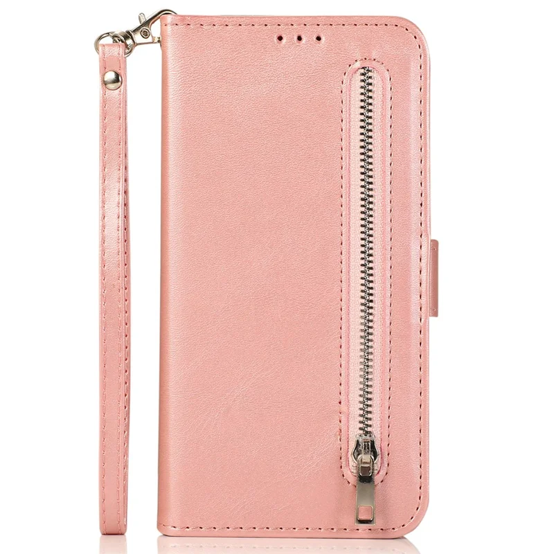 For iPhone 15 Pro Zipper Pocket Phone Case 5 Card Slots Calf Texture PU Leather Stand Cover - Pink