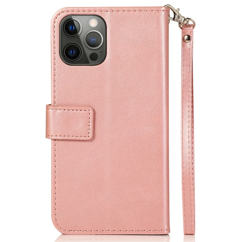 For iPhone 15 Pro Zipper Pocket Phone Case 5 Card Slots Calf Texture PU Leather Stand Cover - Pink