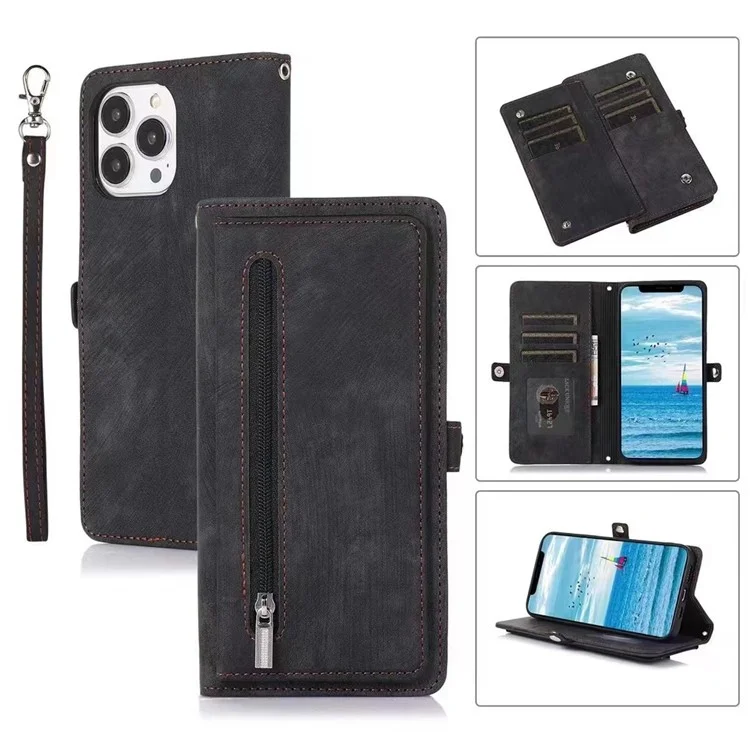 Para iPhone 15 Horizontal Stand Wallet Case 9 Card Slots Zipper Pocket PU Leather Phone Cover with Strap - Black