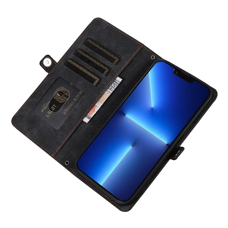 Para iPhone 15 Horizontal Stand Wallet Case 9 Card Slots Zipper Pocket PU Leather Phone Cover with Strap - Black