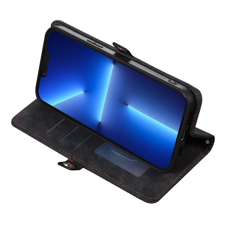 Para iPhone 15 Horizontal Stand Wallet Case 9 Card Slots Zipper Pocket PU Leather Phone Cover with Strap - Black