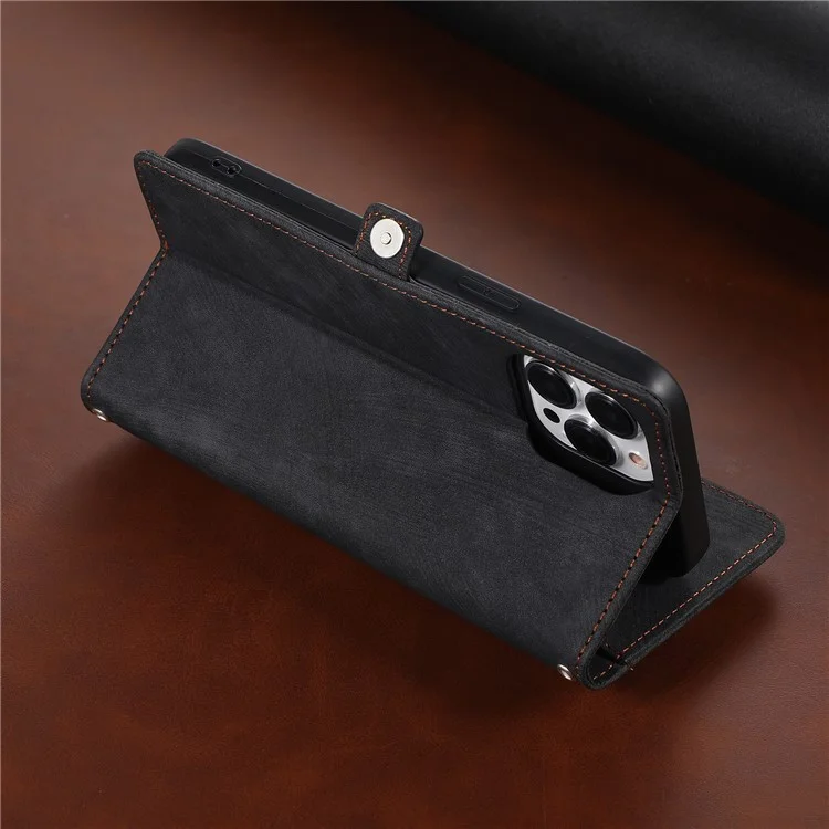 Para iPhone 15 Horizontal Stand Wallet Case 9 Card Slots Zipper Pocket PU Leather Phone Cover with Strap - Black