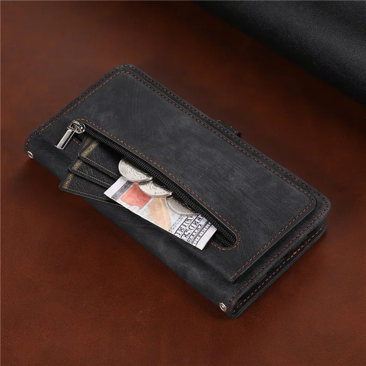 Para iPhone 15 Horizontal Stand Wallet Case 9 Card Slots Zipper Pocket PU Leather Phone Cover with Strap - Black