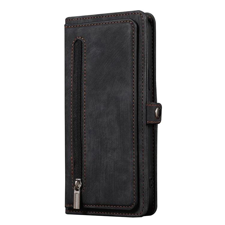 Para iPhone 15 Horizontal Stand Wallet Case 9 Card Slots Zipper Pocket PU Leather Phone Cover with Strap - Black