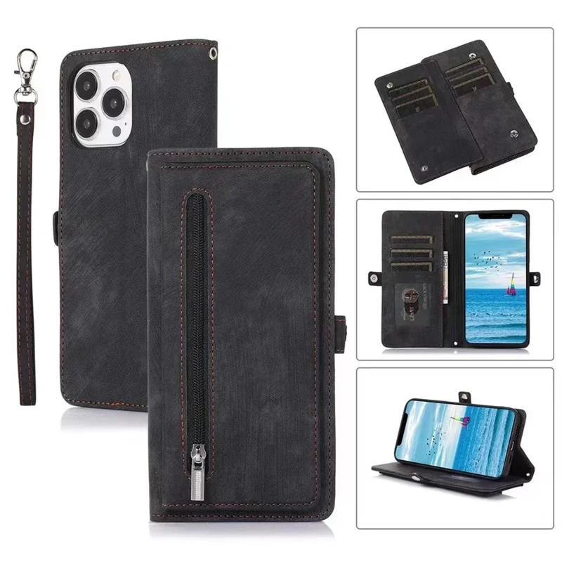 Pour iPhone 15 Plus Viewing Stand Wallet Case 9 Card Slots Zipper Pocket PU Leather Phone Cover with Strap - Black