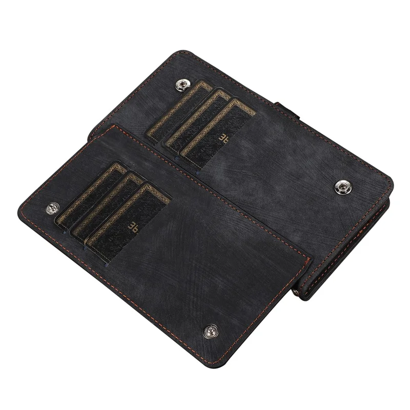 Pour iPhone 15 Plus Viewing Stand Wallet Case 9 Card Slots Zipper Pocket PU Leather Phone Cover with Strap - Black