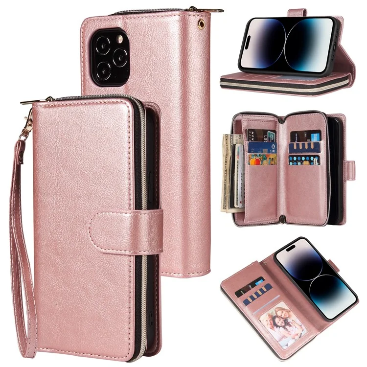 Для iPhone 15 Anti-scratch PU Leather Zipper Pocket Stand Case 9 Card Slots Wallet Phone Cover with Strap - Rose Gold