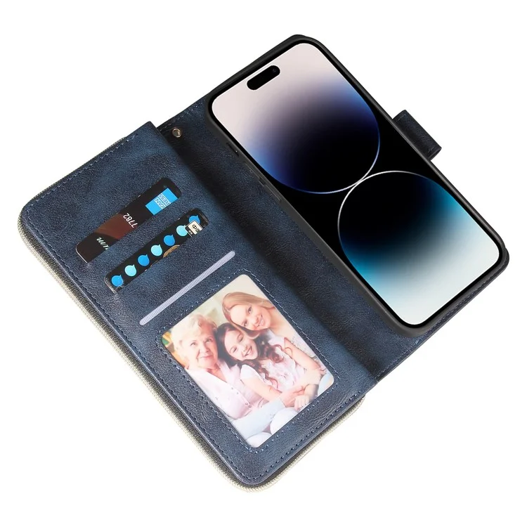 Для iPhone 15 Anti-scratch PU Leather Zipper Pocket Stand Case 9 Card Slots Wallet Phone Cover with Strap - Rose Gold