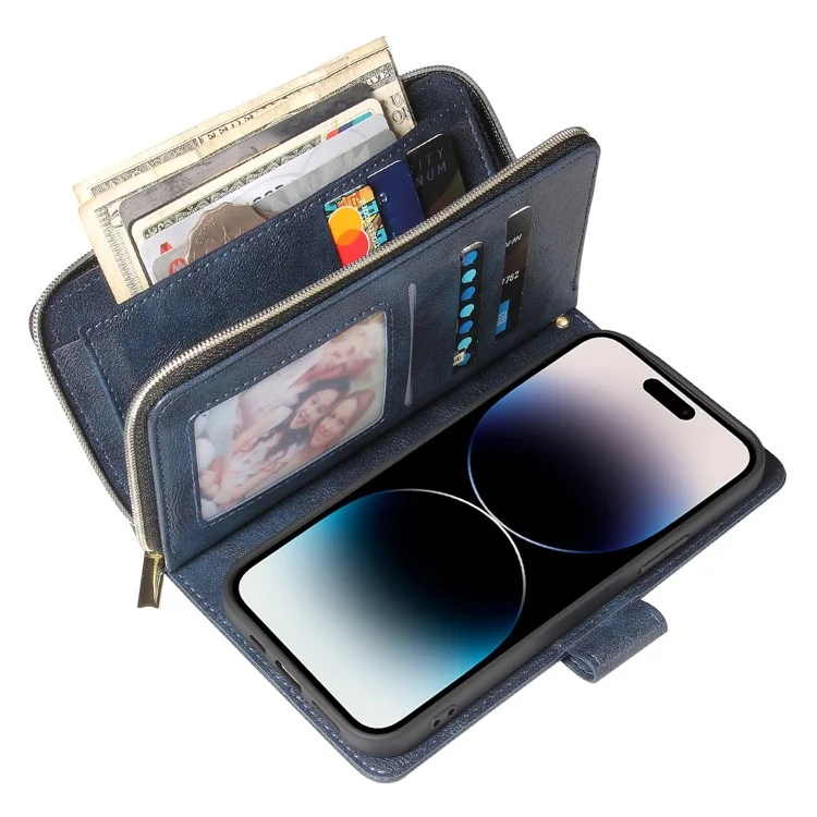 Для iPhone 15 Anti-scratch PU Leather Zipper Pocket Stand Case 9 Card Slots Wallet Phone Cover with Strap - Rose Gold