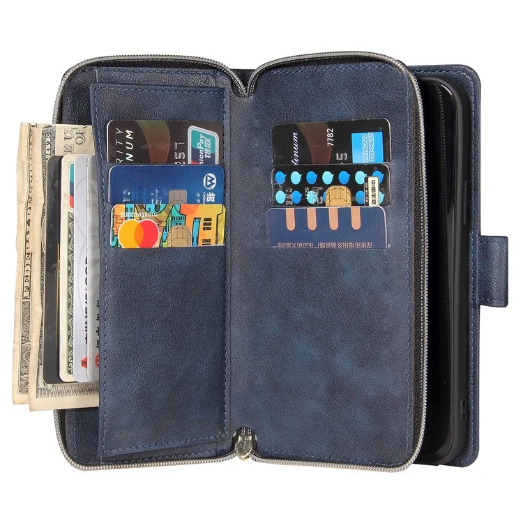Для iPhone 15 Anti-scratch PU Leather Zipper Pocket Stand Case 9 Card Slots Wallet Phone Cover with Strap - Rose Gold