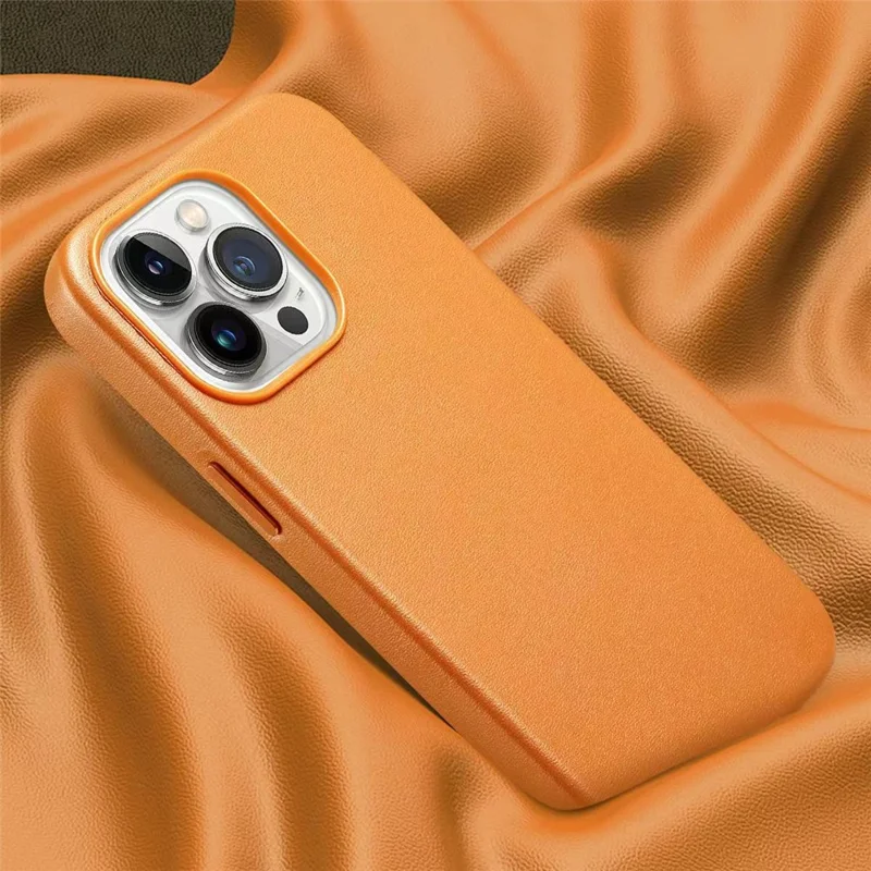 Anti-Drop Phone Cover for iPhone 15 Pro Magnetic PU+PC Phone Case Compatible with MagSafe Charger - Orange