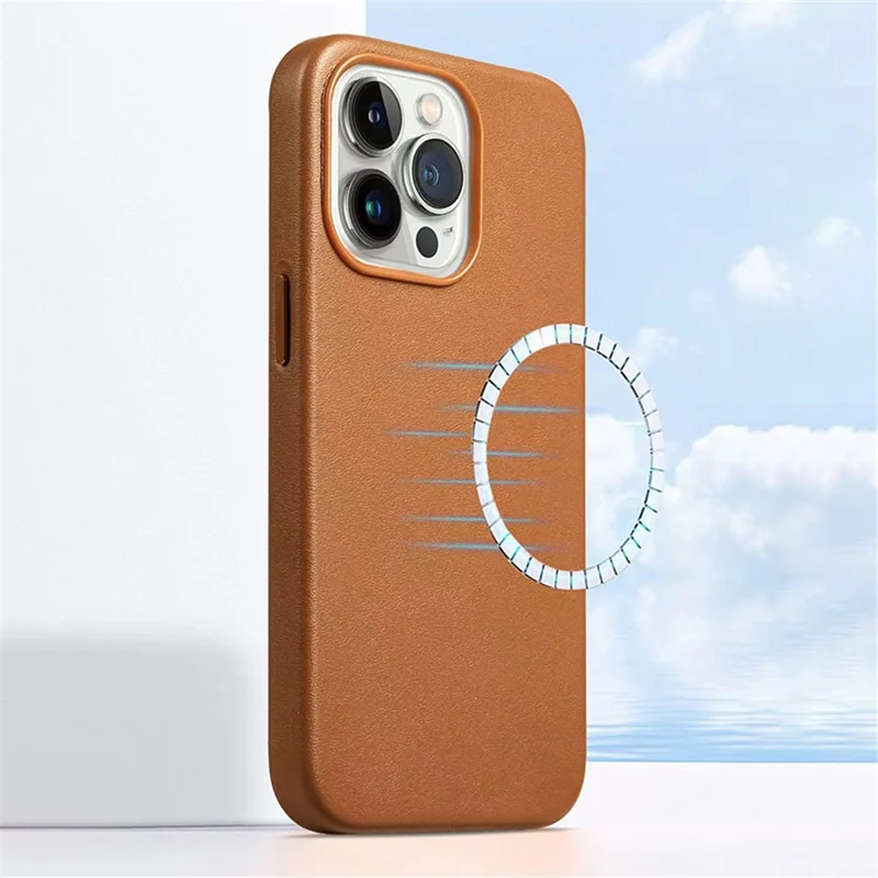 Anti-Drop Phone Cover for iPhone 15 Pro Magnetic PU+PC Phone Case Compatible with MagSafe Charger - Orange