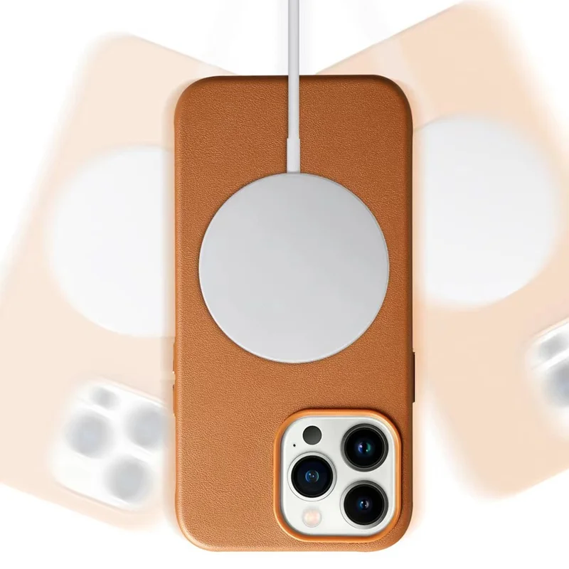 Anti-Drop Phone Cover for iPhone 15 Pro Magnetic PU+PC Phone Case Compatible with MagSafe Charger - Orange