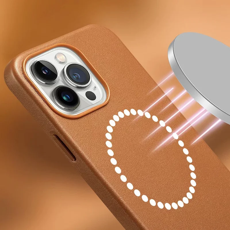 Anti-Drop Phone Cover for iPhone 15 Pro Magnetic PU+PC Phone Case Compatible with MagSafe Charger - Orange