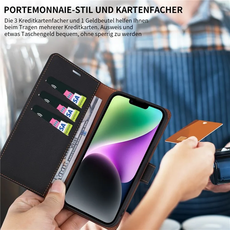 001 Pour iPhone 15 Plus Wallet PU Leather Stand Cover Magnetic Closure Phone Case RFID Blocking Function Shell - Noir