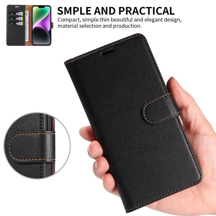 001 Pour iPhone 15 Plus Wallet PU Leather Stand Cover Magnetic Closure Phone Case RFID Blocking Function Shell - Noir