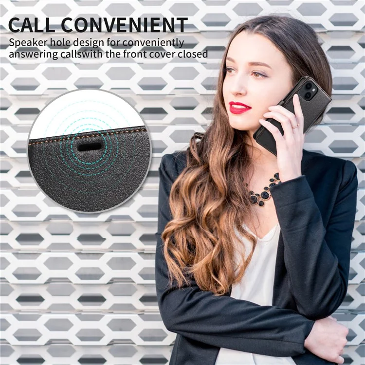 001 Pour iPhone 15 Plus Wallet PU Leather Stand Cover Magnetic Closure Phone Case RFID Blocking Function Shell - Noir