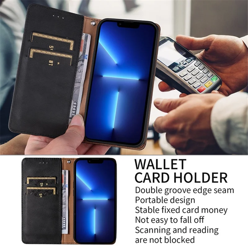 For iPhone 15 Plus Magnetic Closing Phone Case Imprinted PU Leather Wallet Stand Cover with Hand Strap - Red