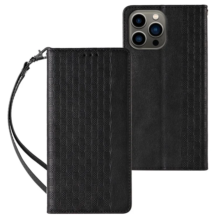 Per iPhone 15 Pro Imprinted PU Leather Phone Case Magnetic Closing Wallet Flip Stand Cover with Strap - Black