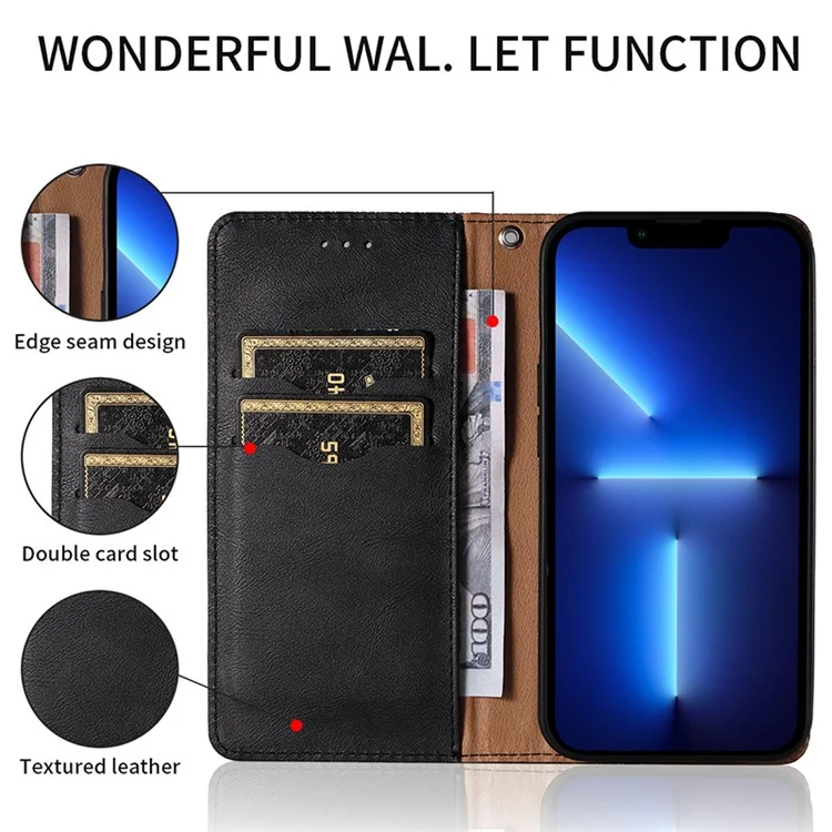 Per iPhone 15 Pro Imprinted PU Leather Phone Case Magnetic Closing Wallet Flip Stand Cover with Strap - Black