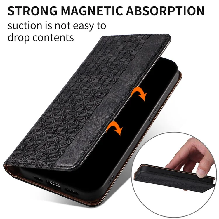 Per iPhone 15 Pro Imprinted PU Leather Phone Case Magnetic Closing Wallet Flip Stand Cover with Strap - Black