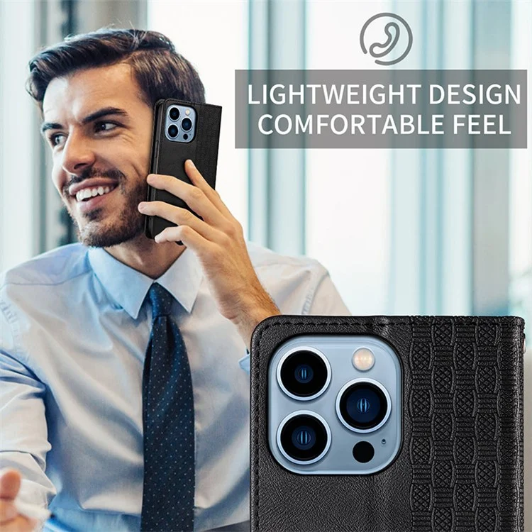 Per iPhone 15 Pro Imprinted PU Leather Phone Case Magnetic Closing Wallet Flip Stand Cover with Strap - Black