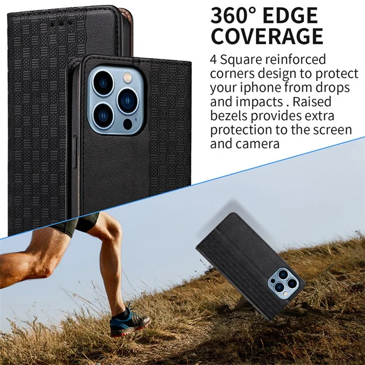 Per iPhone 15 Pro Imprinted PU Leather Phone Case Magnetic Closing Wallet Flip Stand Cover with Strap - Black
