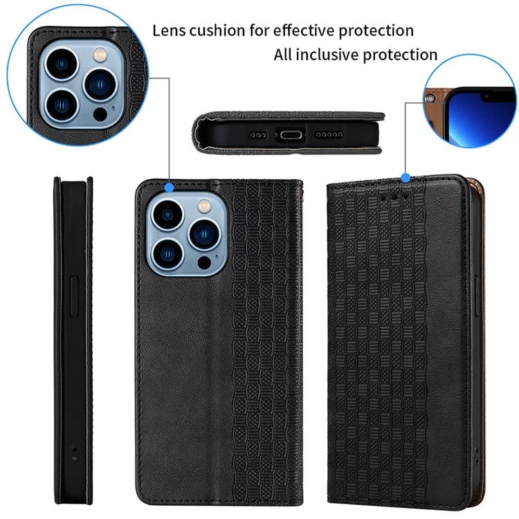 Per iPhone 15 Pro Imprinted PU Leather Phone Case Magnetic Closing Wallet Flip Stand Cover with Strap - Black