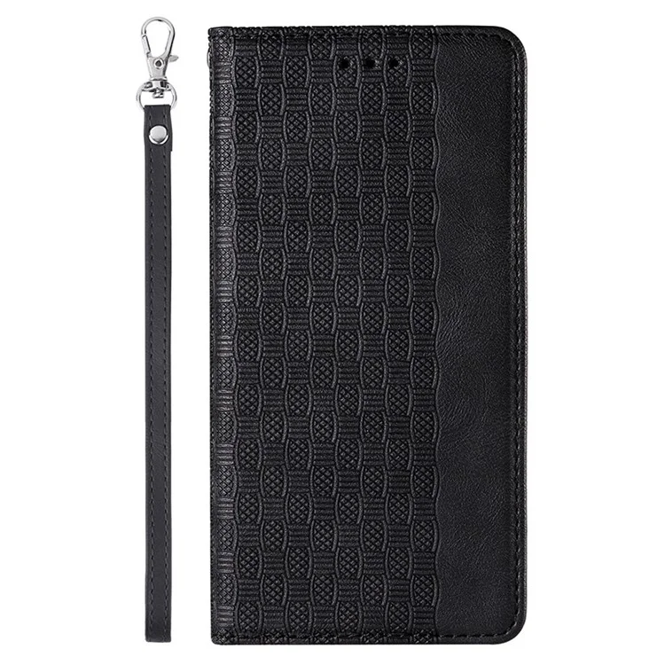 Per iPhone 15 Pro Imprinted PU Leather Phone Case Magnetic Closing Wallet Flip Stand Cover with Strap - Black