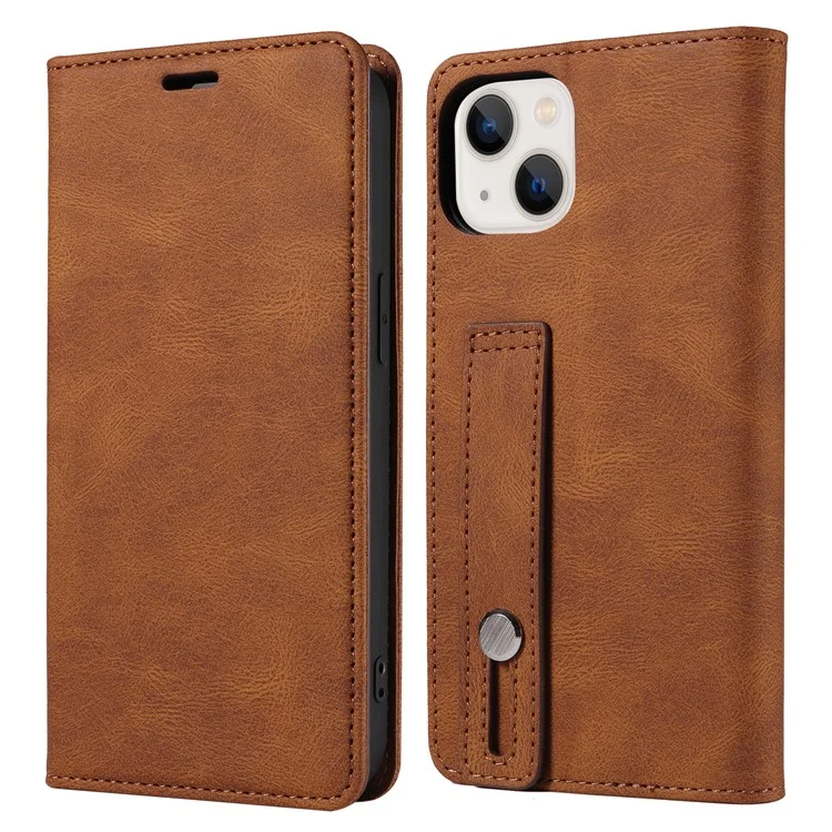 Для iPhone 15 Pro Wristband Design PU Leather Phone Case Stand Wallet Cover - Коричневый