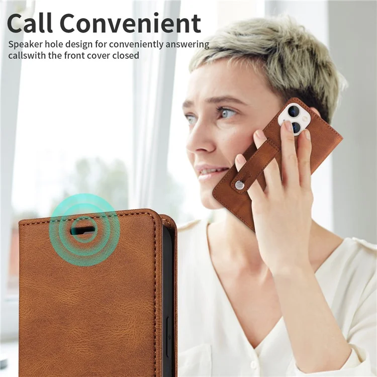 Для iPhone 15 Pro Wristband Design PU Leather Phone Case Stand Wallet Cover - Коричневый