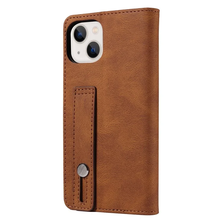 Для iPhone 15 Pro Wristband Design PU Leather Phone Case Stand Wallet Cover - Коричневый