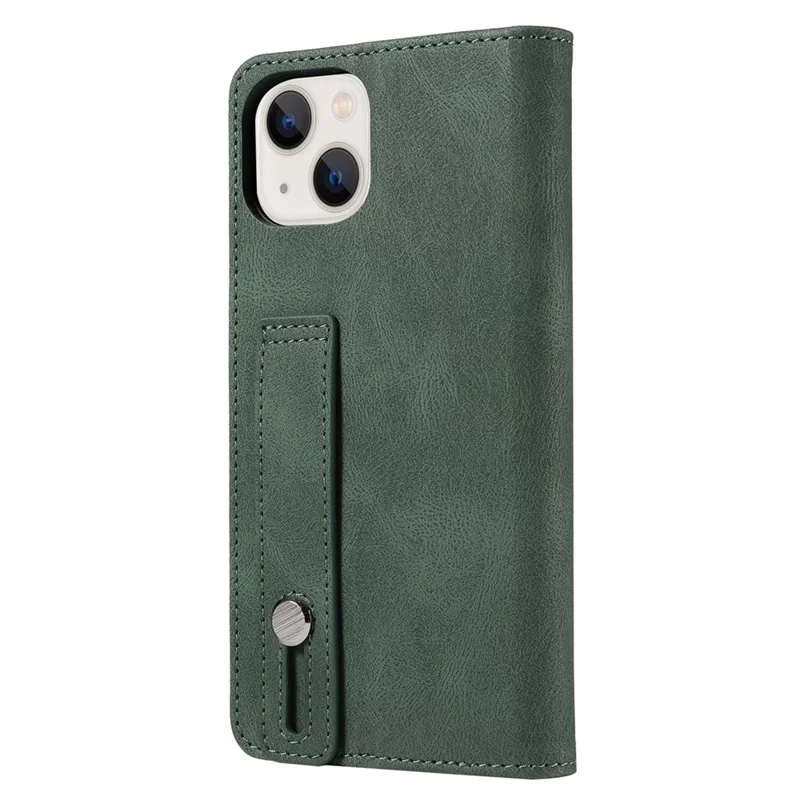 For iPhone 15 Pro Wristband Design PU Leather Phone Case Stand Wallet Cover - Green
