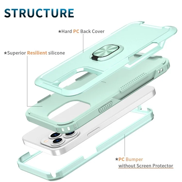 PC + Silicone Phone Case for iPhone 15 , Rotary Ring Kickstand Protective Phone Cover - Green