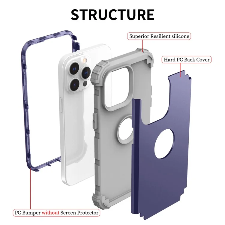 Para iPhone 15 Pro PC+Silicone Phone Case 3-in-1 Protective Phone Cover - Navy Blue
