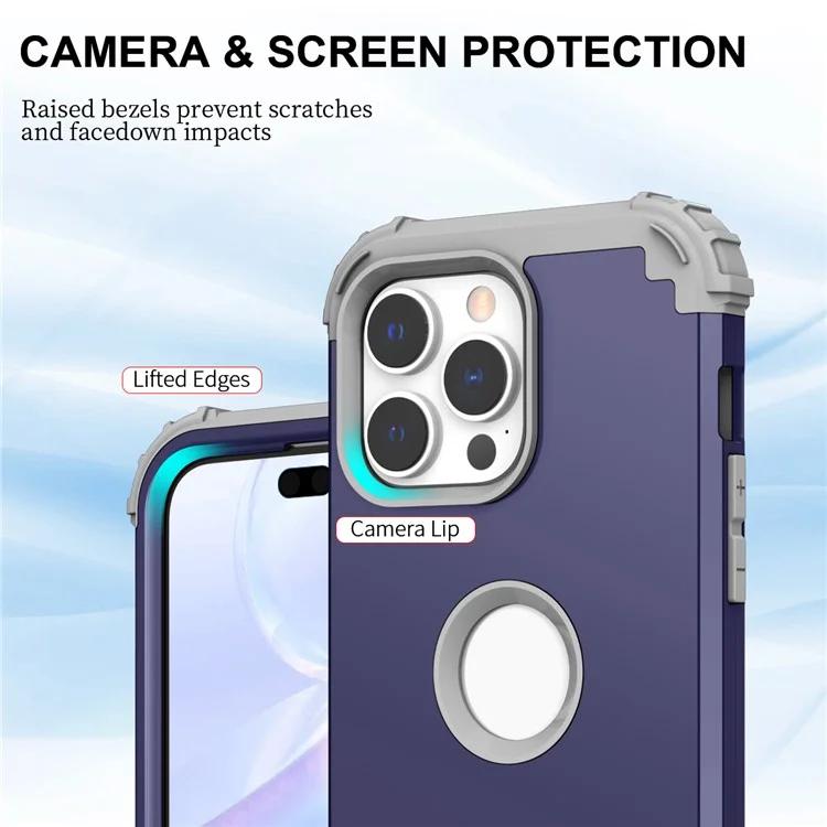 Para iPhone 15 Pro PC+Silicone Phone Case 3-in-1 Protective Phone Cover - Navy Blue