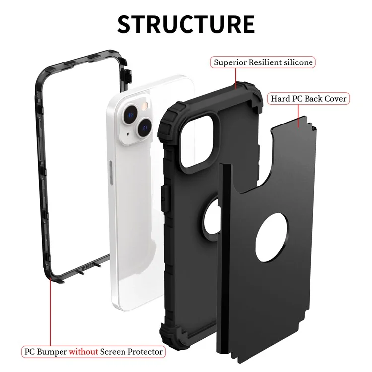 Противоударный чехол для мобильного телефона для iPhone 15, PC+Silicone 3-in-1 Phone Back Cover - Черный