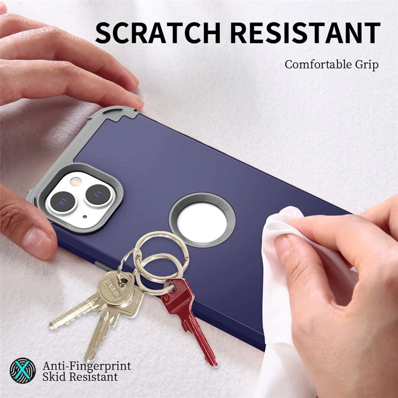 Anti-scratch Mobile Phone Case for iPhone 15 , PC+Silicone 3-in-1 Phone Back Cover - Navy Blue