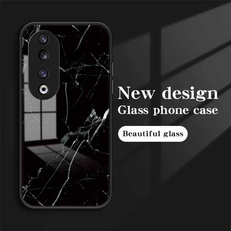 Marble Pattern Cover for Honor 90 Pro , PC+TPU+Tempered Glass Anti-scratch Phone Case - Black Marble