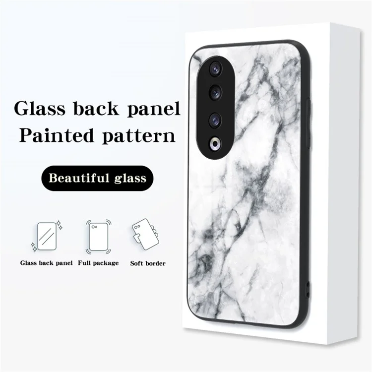 Marble Pattern Cover for Honor 90 Pro , PC+TPU+Tempered Glass Anti-scratch Phone Case - Black Marble