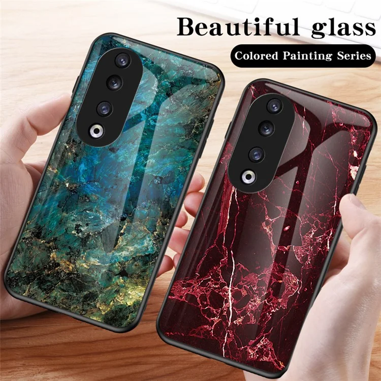 Marble Pattern Cover for Honor 90 Pro , PC+TPU+Tempered Glass Anti-scratch Phone Case - Black Marble
