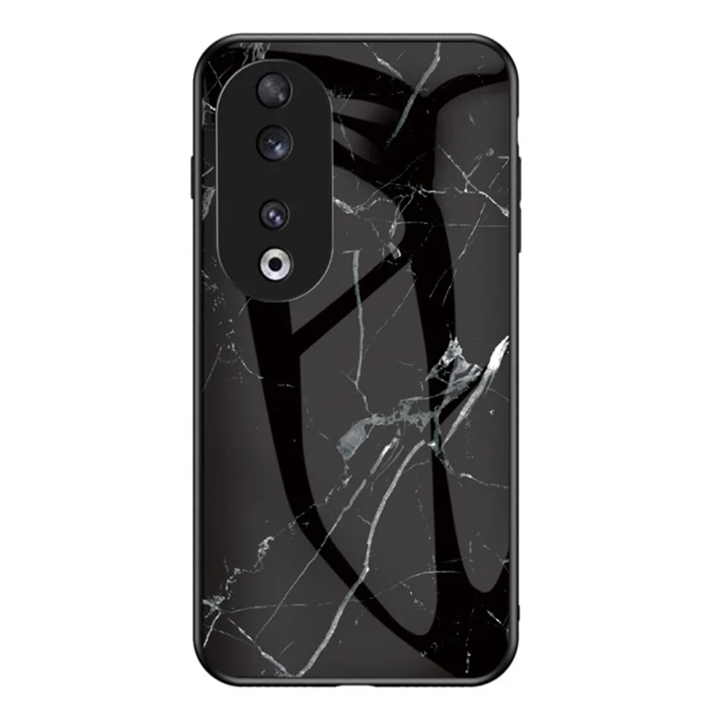 Pour Honor 90 Marble Pattern Back Case Tempered Glass+PC+TPU Shockproof Phone Cover - Black Marble
