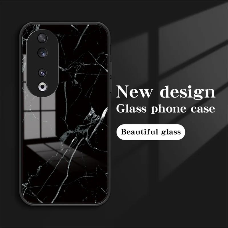 Pour Honor 90 Marble Pattern Back Case Tempered Glass+PC+TPU Shockproof Phone Cover - Black Marble