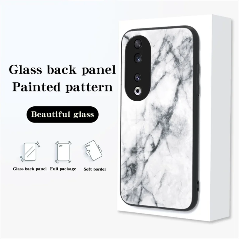 Pour Honor 90 Marble Pattern Back Case Tempered Glass+PC+TPU Shockproof Phone Cover - Black Marble