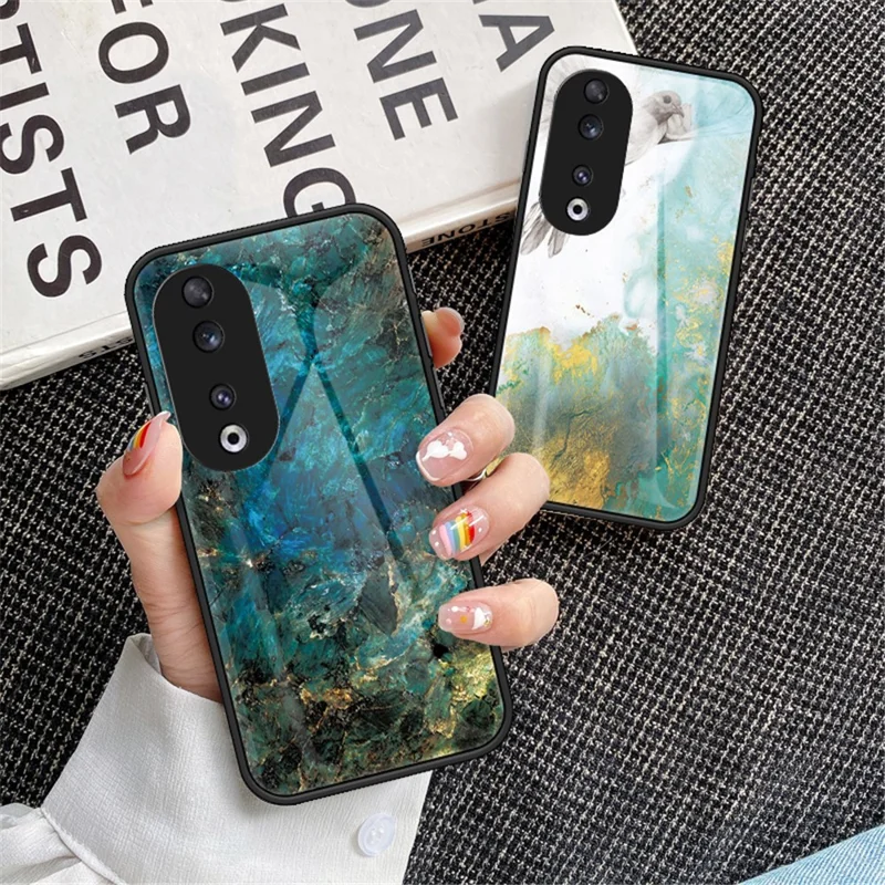 Pour Honor 90 Marble Pattern Back Case Tempered Glass+PC+TPU Shockproof Phone Cover - Black Marble