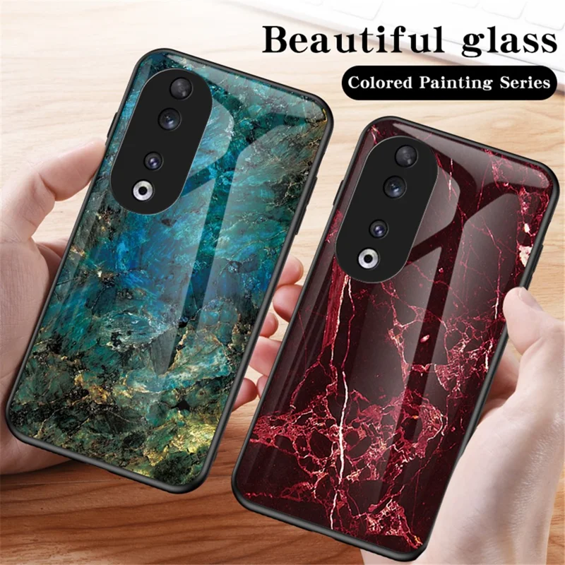Pour Honor 90 Marble Pattern Back Case Tempered Glass+PC+TPU Shockproof Phone Cover - Black Marble