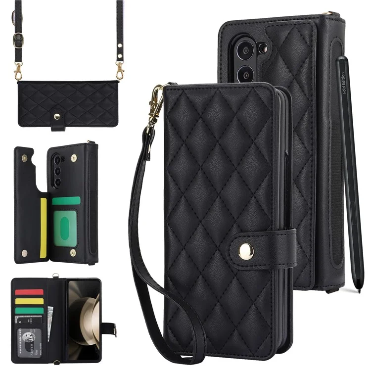 ZD 028 For Samsung Galaxy Z Fold5 5G PC+PU Leather Flip Cover Shockproof Wallet Phone Case with Straps - Black